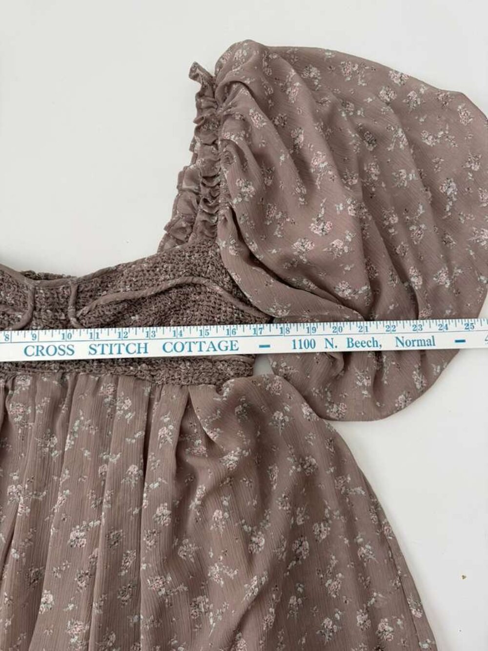 Worth Collective Harlow Floral Taupe Dress Size L Puff Sleeve Smocked Empire - Picture 5 of 7